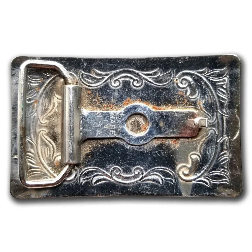 Belt Buckle Silver‎ Color Engraved Stamped Filigree Leaves Western Square USA